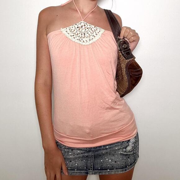 Y2k body central peach crochet halter top - Picture 1 of 6